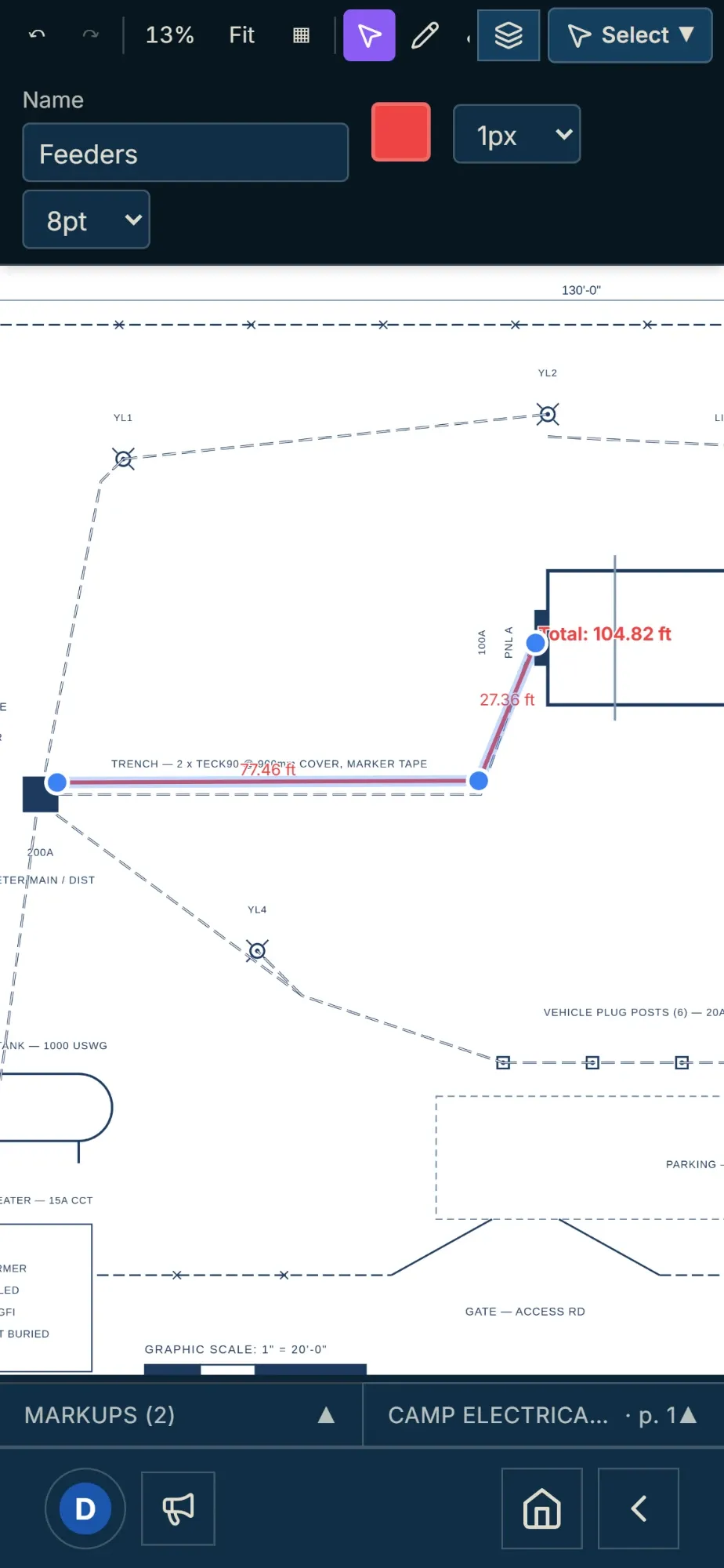 Measuring a feeder run on a sheet, from a phone in the field