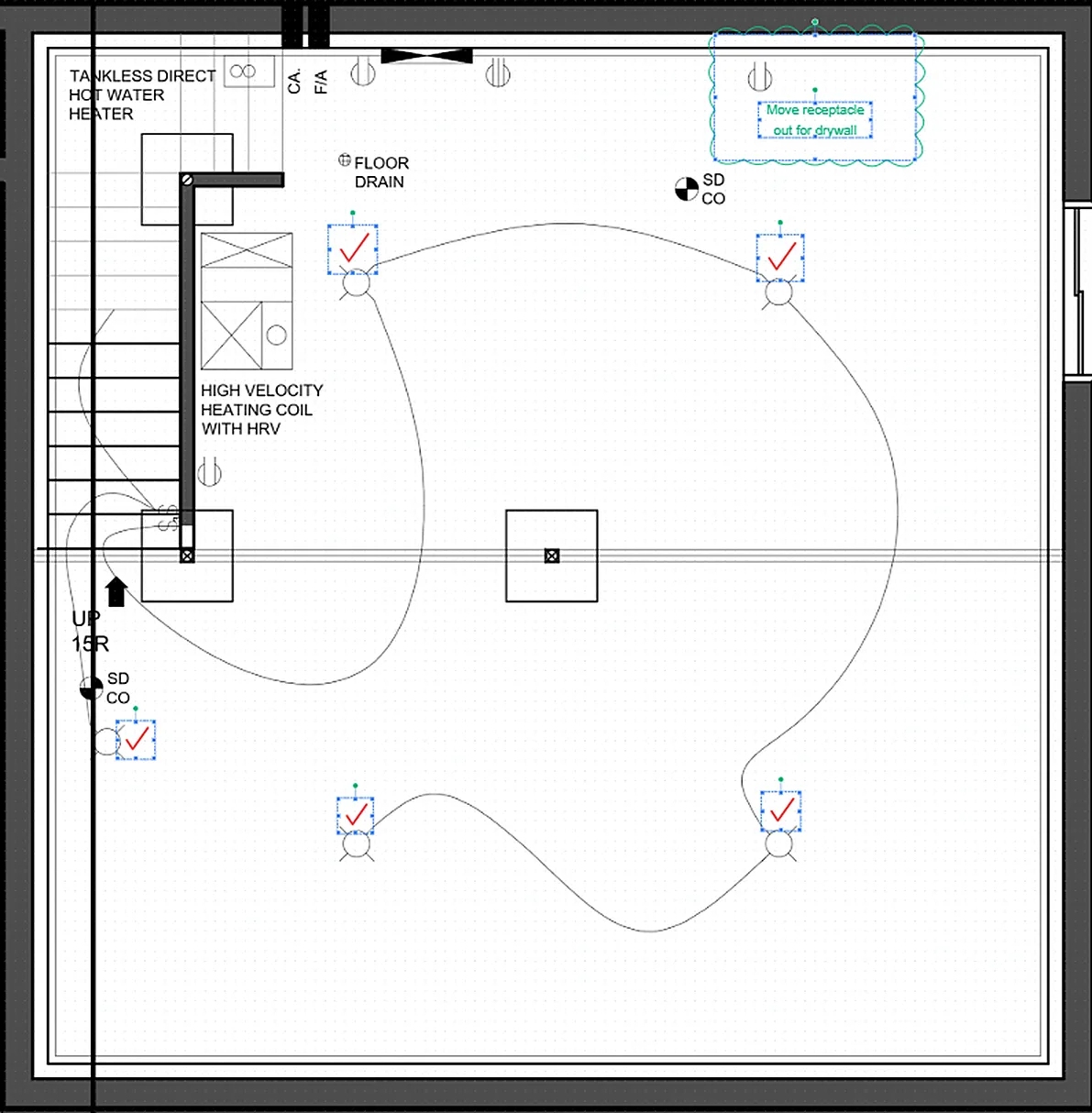 A floor plan with redline markups — lighting circuits and electrical symbols clouded and counted