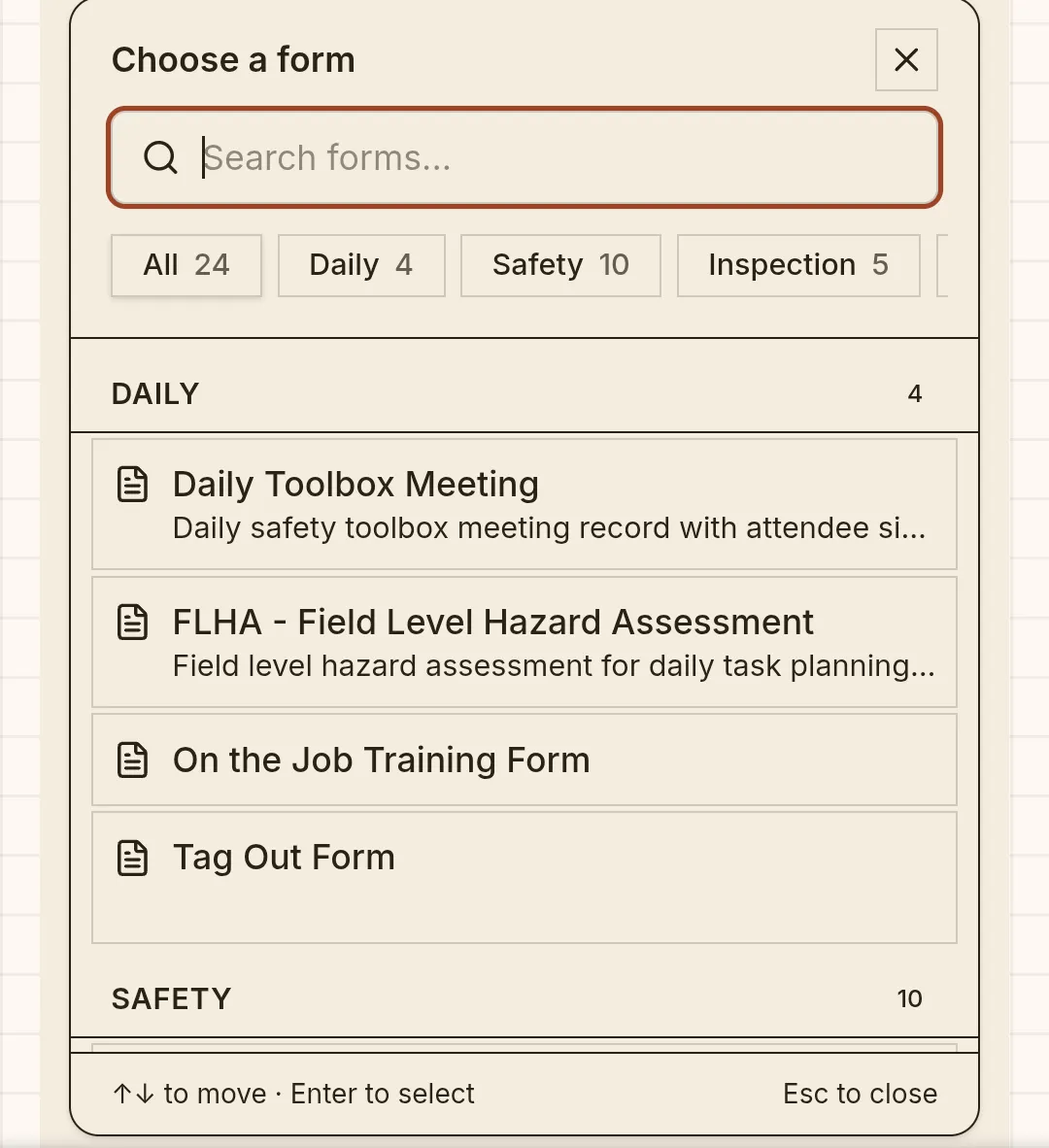 The form picker — choose from your library of daily, safety, and inspection forms