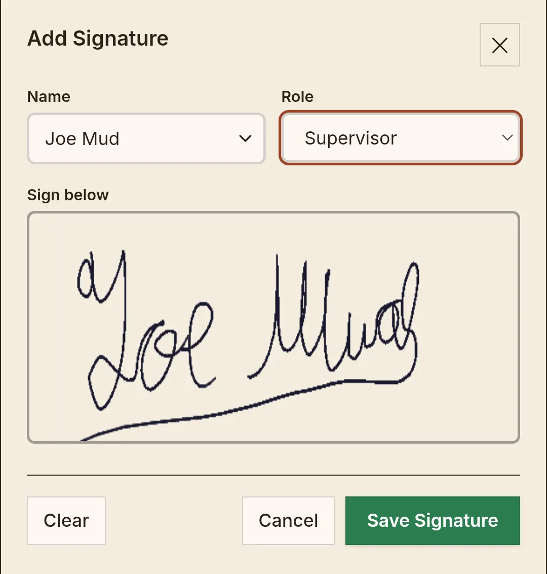 Signing off a completed form — name, role, and a finger-drawn signature