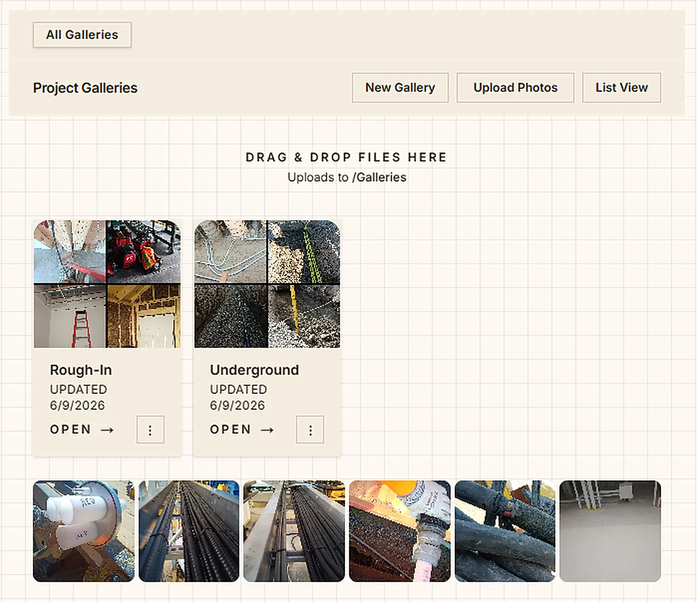 The Photos module — project galleries like Rough-In and Underground shown as thumbnail mosaics, with a strip of individual jobsite photos below