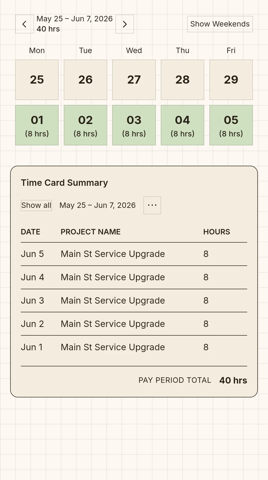 The same week on a phone — daily hours and pay-period total, entered from the truck