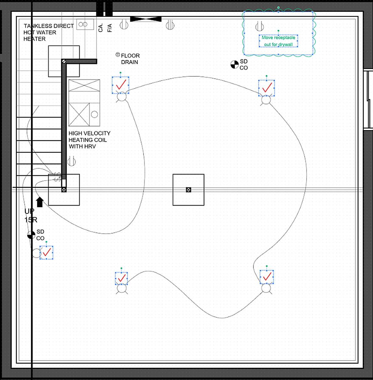 A floor plan marked up on screen — circuits clouded, symbols counted