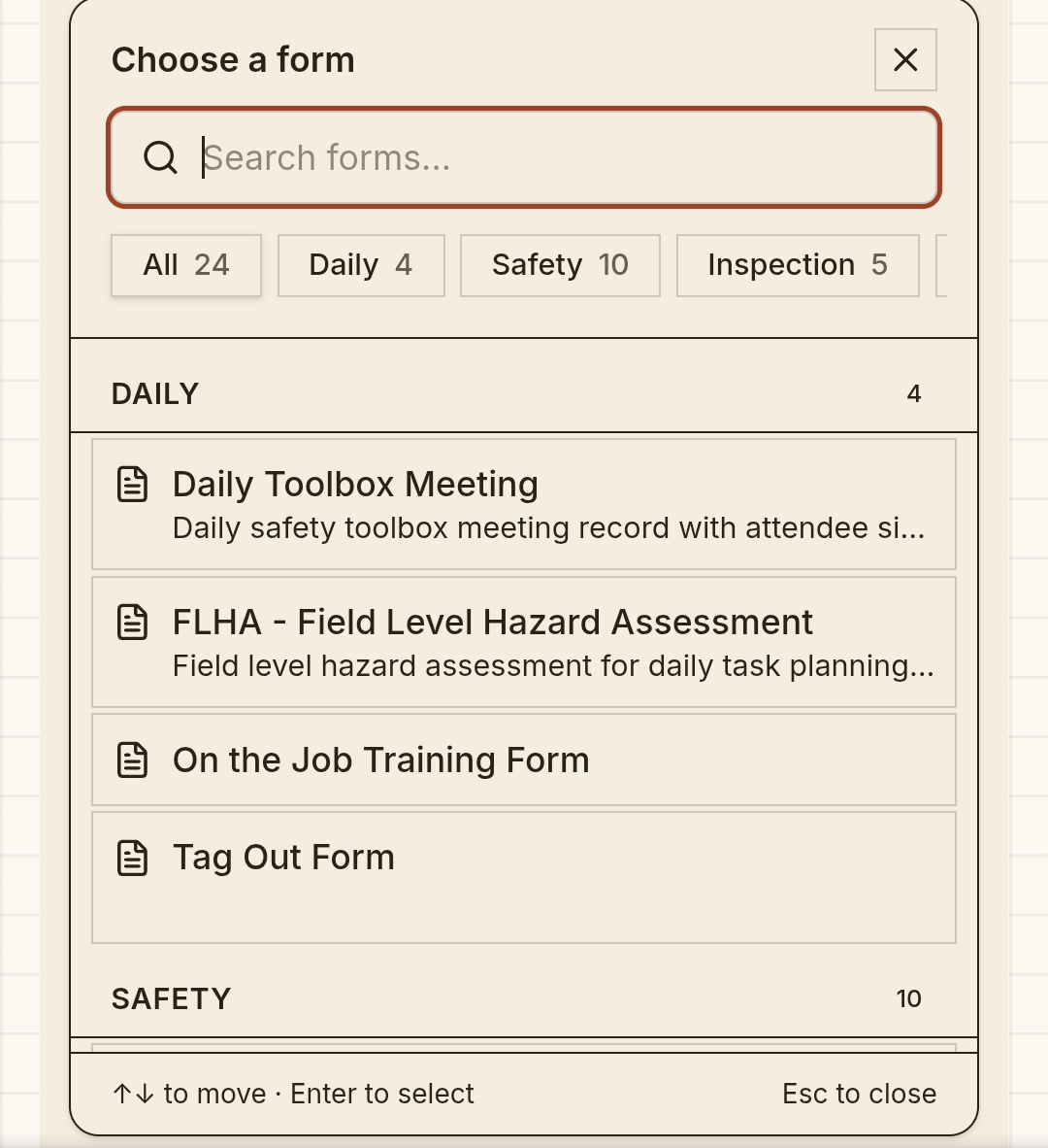 The form picker — daily, safety, and inspection forms