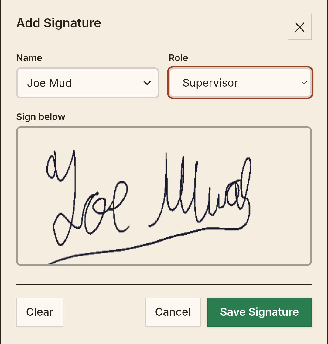 Signing off a completed form — name, role, and a finger-drawn signature