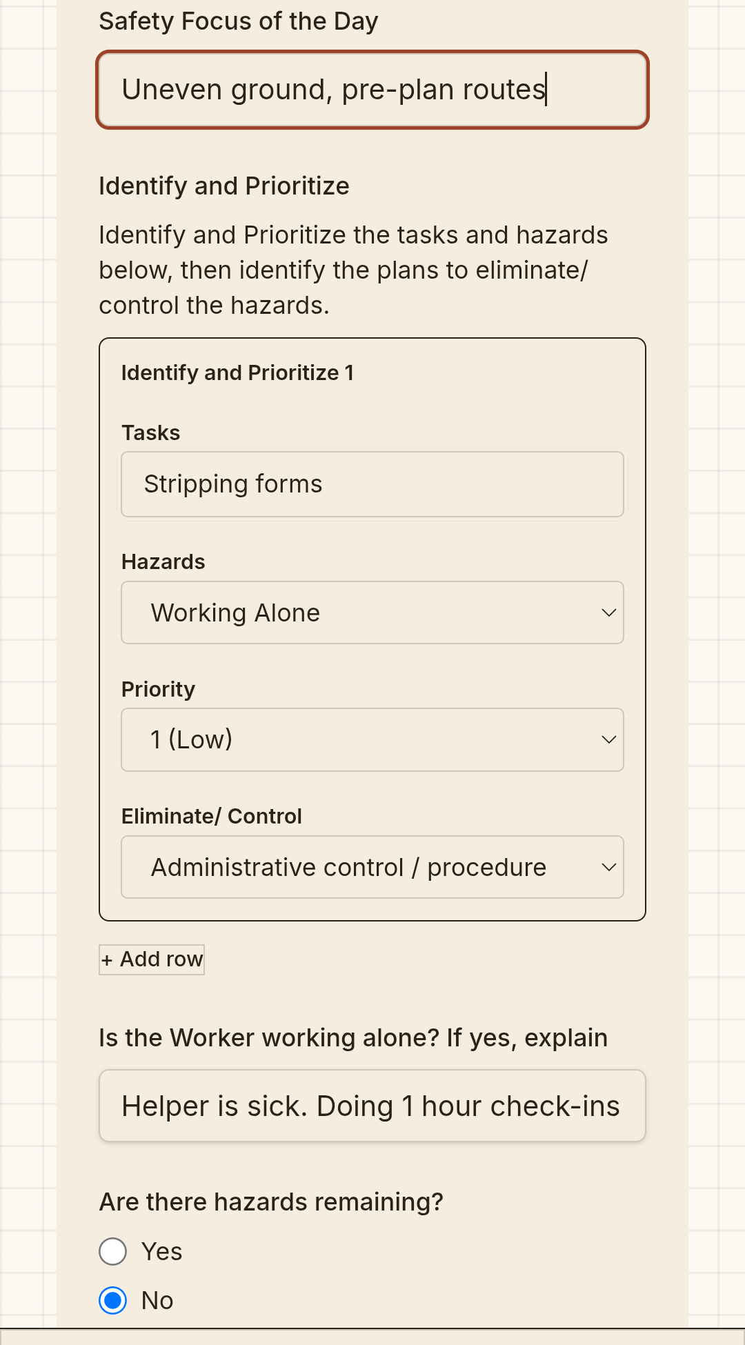 A Field Level Hazard Assessment filled out in the field — tasks, hazards, priority, and controls