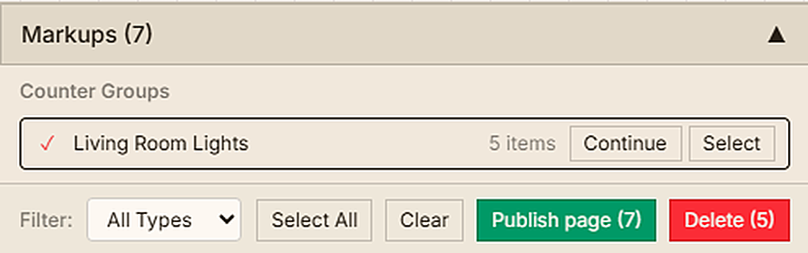 The markups panel tracking counter groups — Living Room Lights, 5 items — ready to publish the page