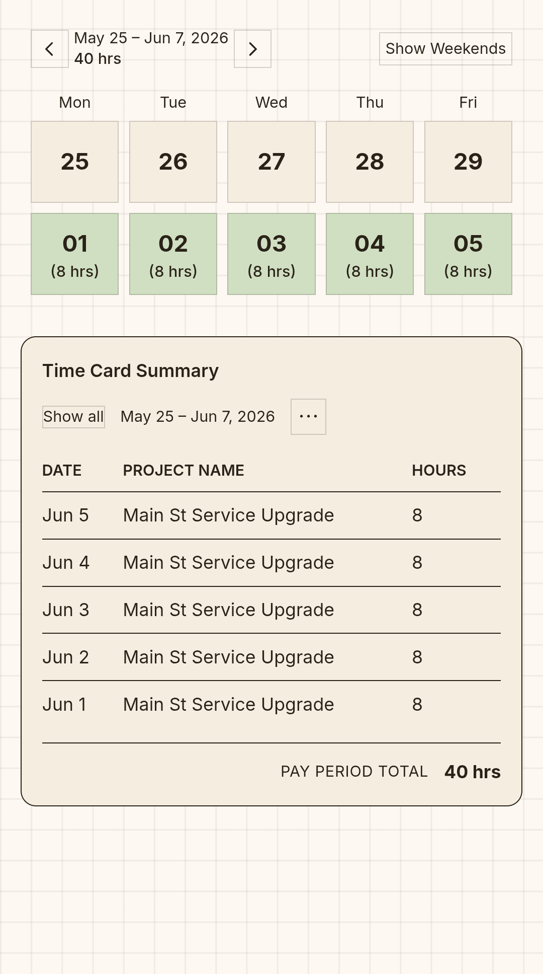 A time card on a phone — a week of daily hours, entered from the truck
